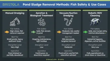 Four pond sludge removal methods comparison chart fish safety and use cases