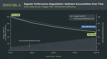 Digester sediment accumulation impact on active volume biogas yield and COD removal over time