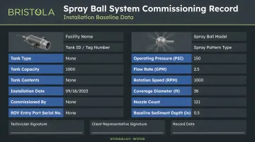 Spray ball system commissioning documentation record showing installation baseline data