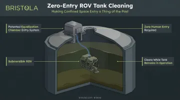 Submersible robotic ROV entering industrial tank through manhole portal for zero-entry cleaning