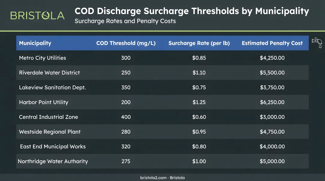 COD discharge surcharge threshold comparison by municipality with rates and penalty costs
