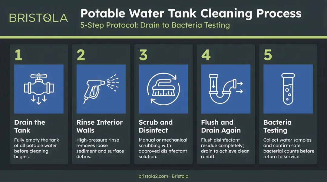 5-step potable water tank cleaning process from drain to bacteria testing