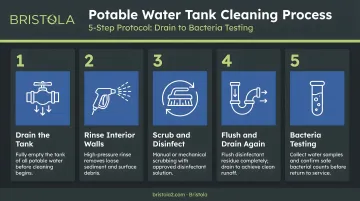 5-step potable water tank cleaning process from drain to bacteria testing