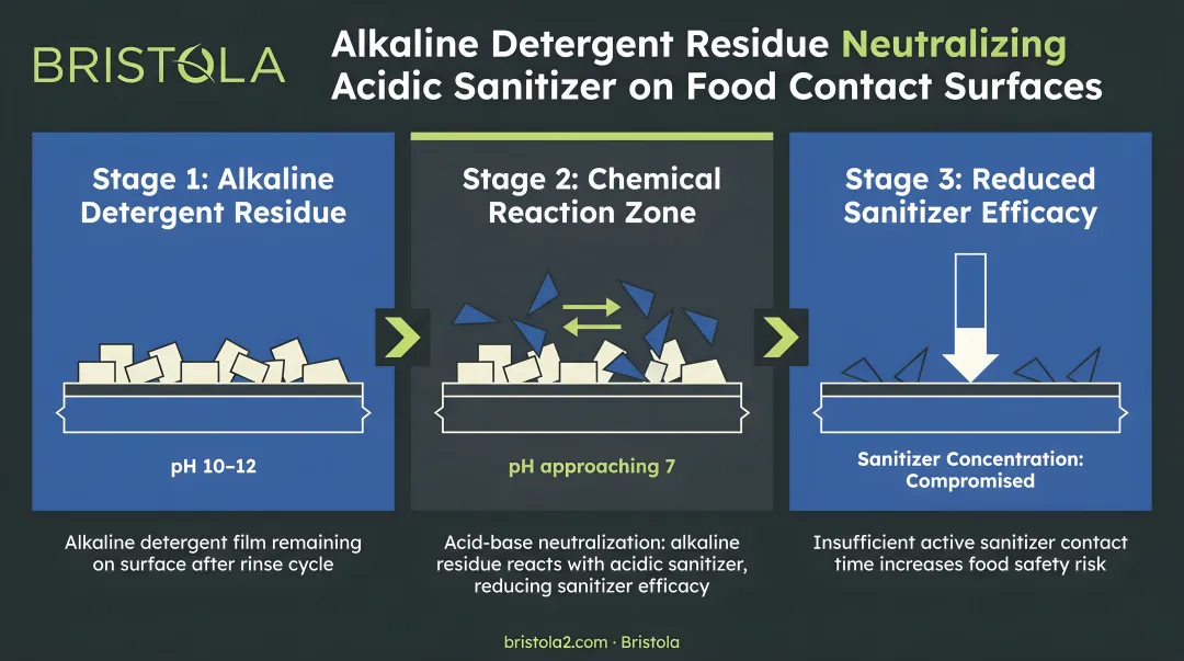 Alkaline detergent residue neutralizing acidic sanitizer on food contact surface diagram