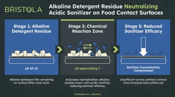 Alkaline detergent residue neutralizing acidic sanitizer on food contact surface diagram