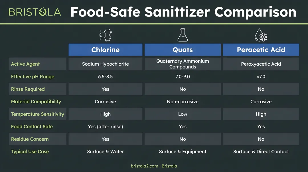 Comparison of three food-safe sanitizer types chlorine quats and peracetic acid