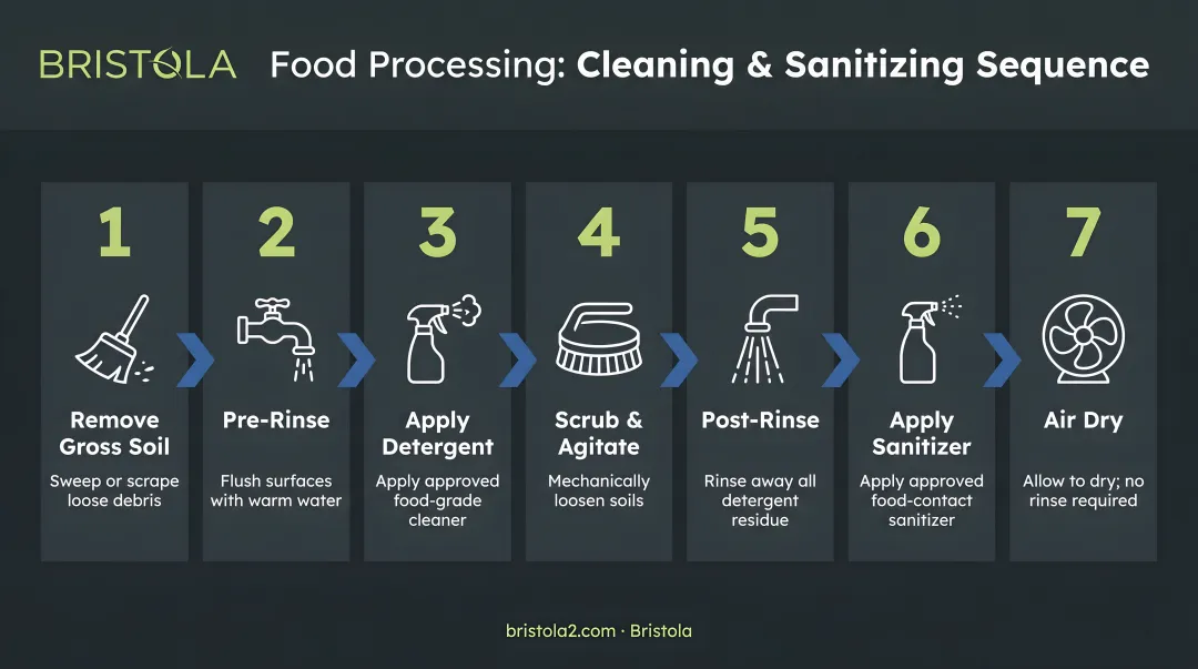 Seven-step food processing cleaning and sanitizing sequence process flow infographic