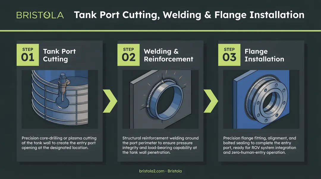 Three-step tank port cutting welding and flange installation process flow infographic