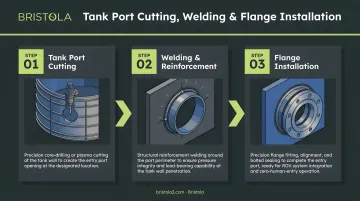 Three-step tank port cutting welding and flange installation process flow infographic