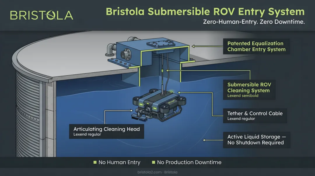 Bristola submersible ROV entering liquid storage tank through manhole entry system