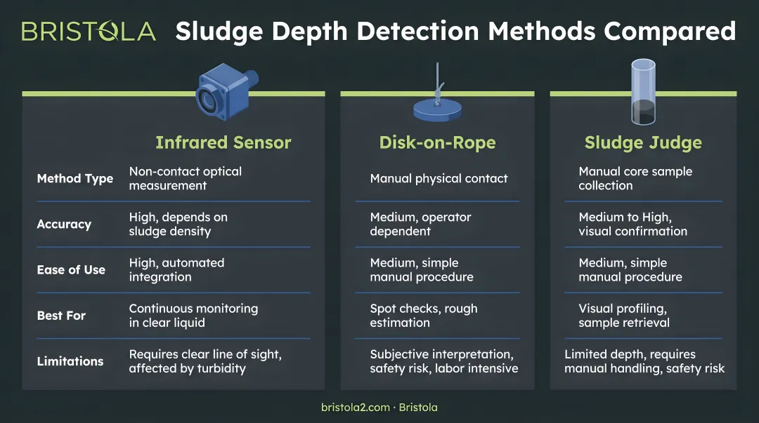 Three sludge depth detection methods comparison infrared disk-on-rope sludge judge