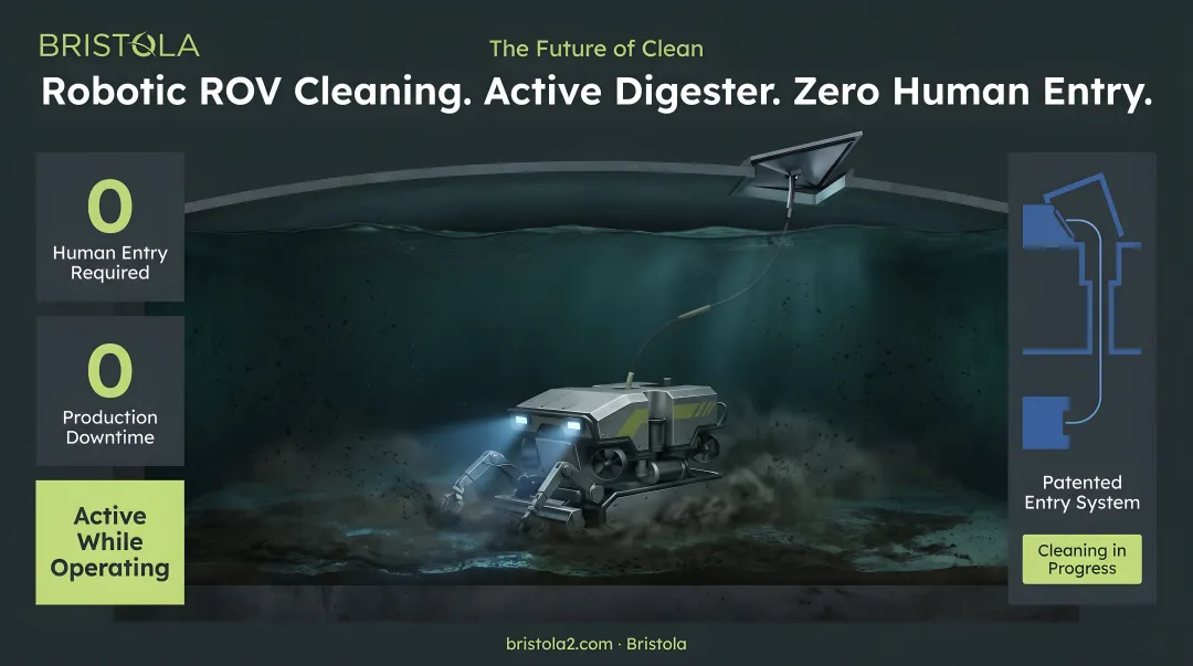 Bristola robotic ROV cleaning system operating inside active anaerobic digester lagoon