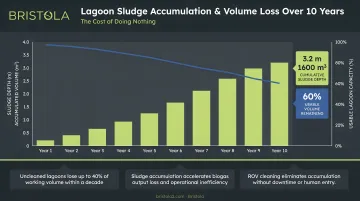 Industrial lagoon sludge accumulation rate and volume loss over 10 years