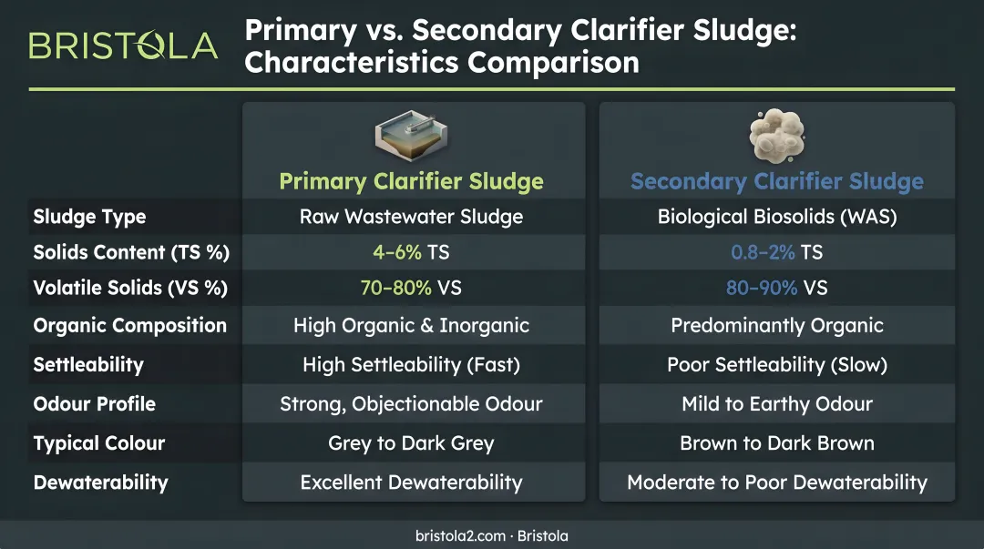 Primary versus secondary clarifier sludge characteristics comparison infographic