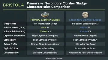 Primary versus secondary clarifier sludge characteristics comparison infographic