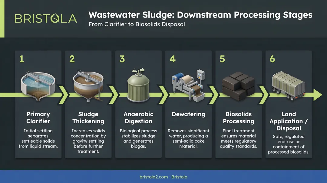 Wastewater sludge downstream processing stages from clarifier to biosolids disposal