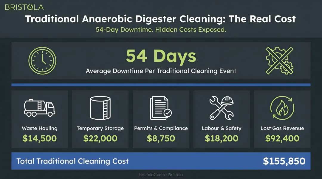 Traditional anaerobic digester cleaning cost breakdown showing 54-day downtime and total expenses