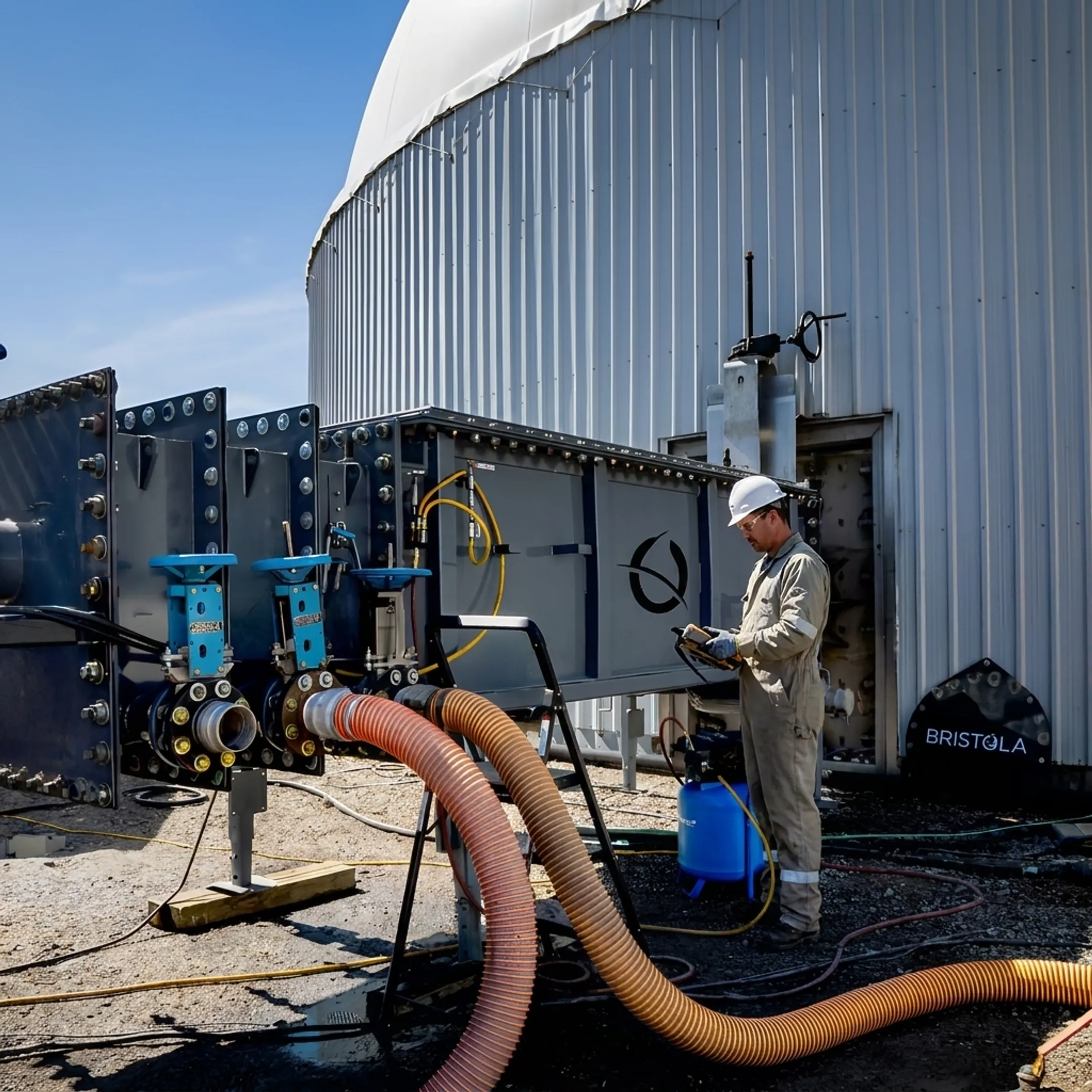 Technician operating robotic fuel tank cleaning equipment