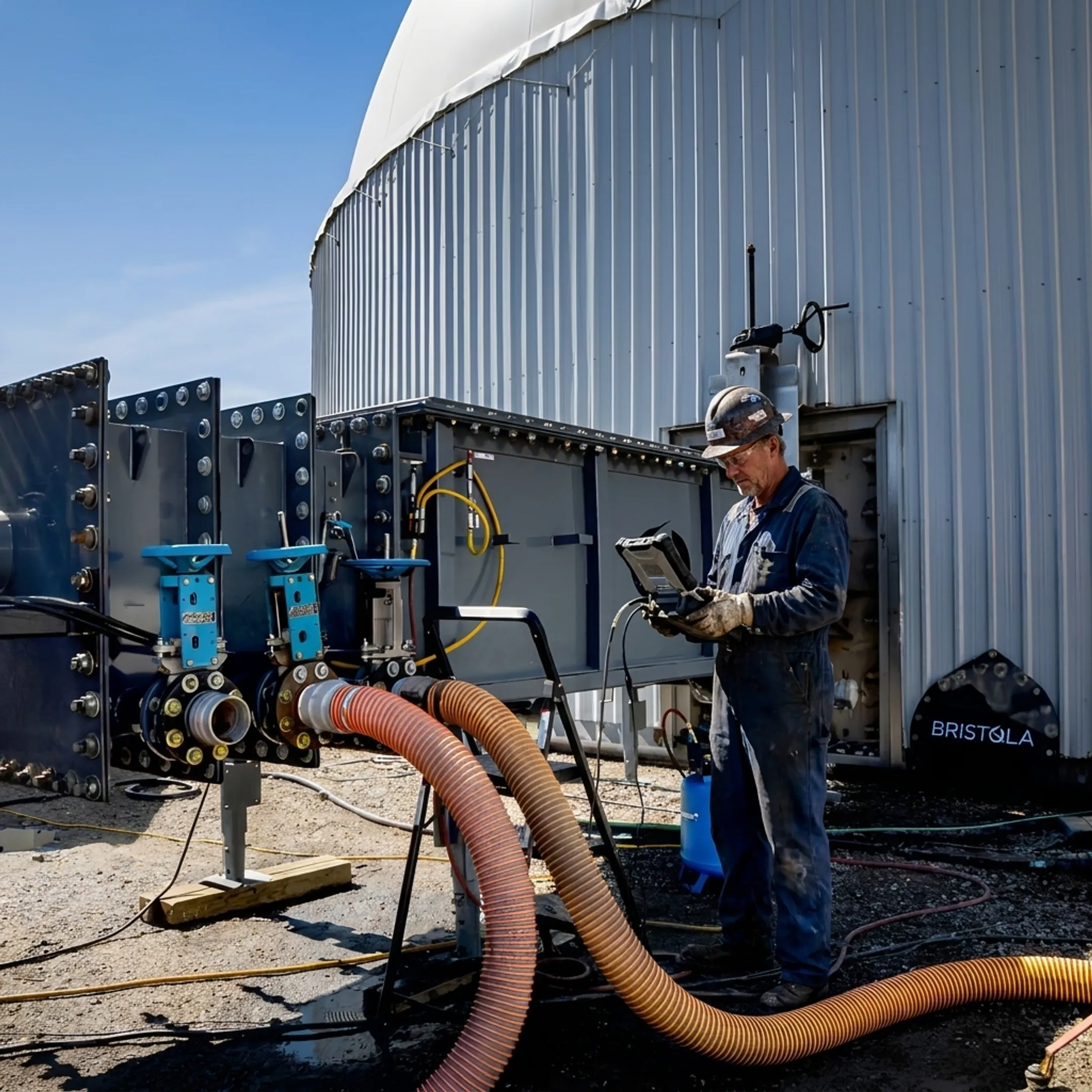 Technician operating robotic tank cleaning equipment