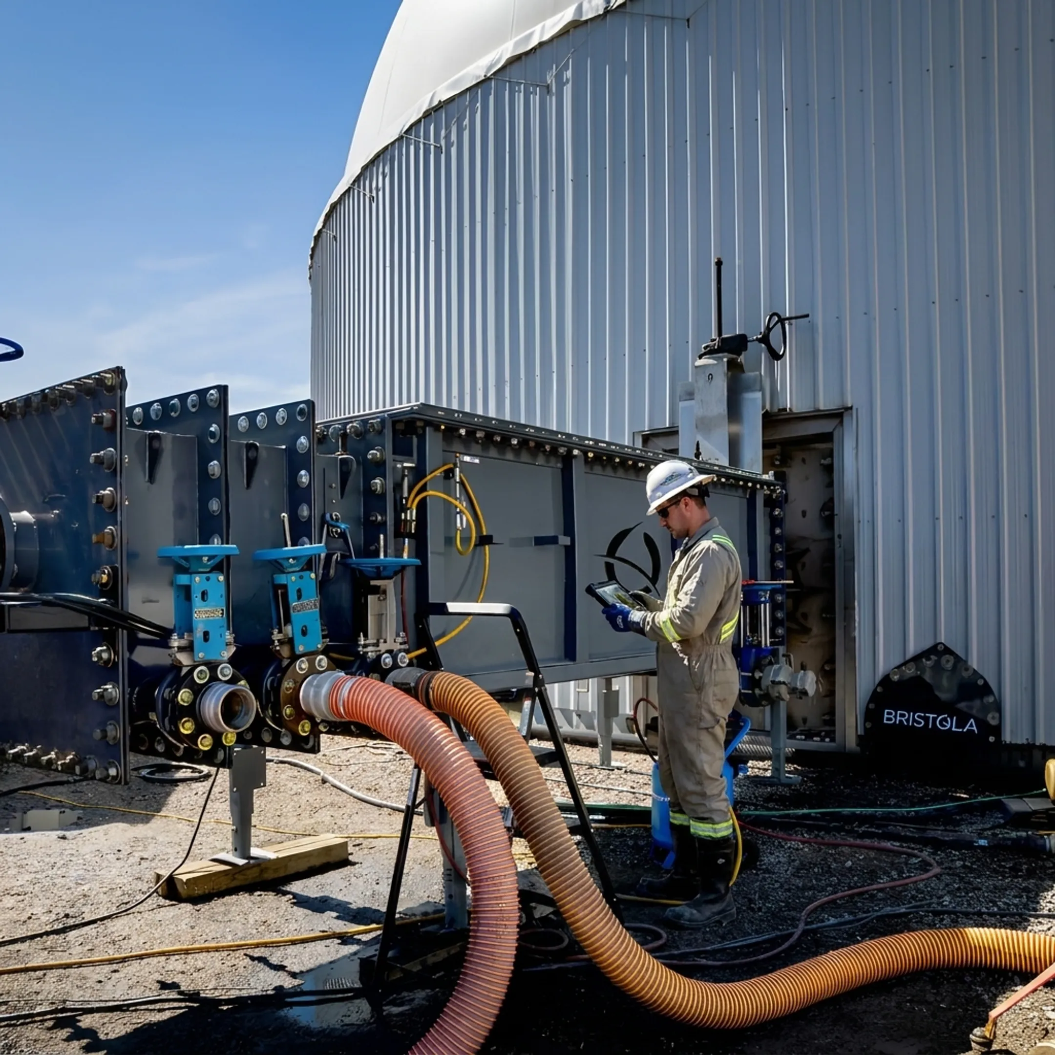 Technician operating robotic tank cleaning controls