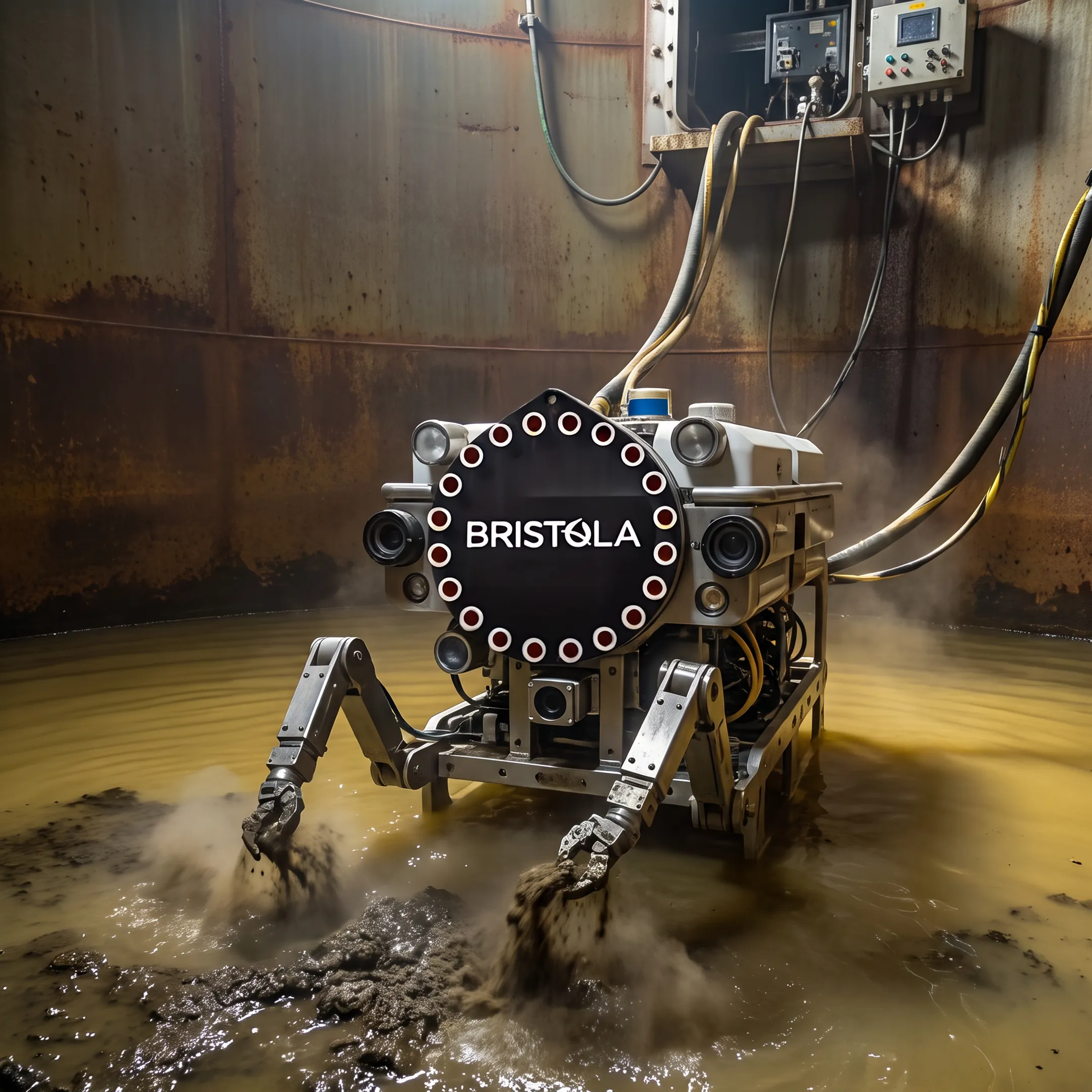 Robotic system cleaning an industrial chemical tank