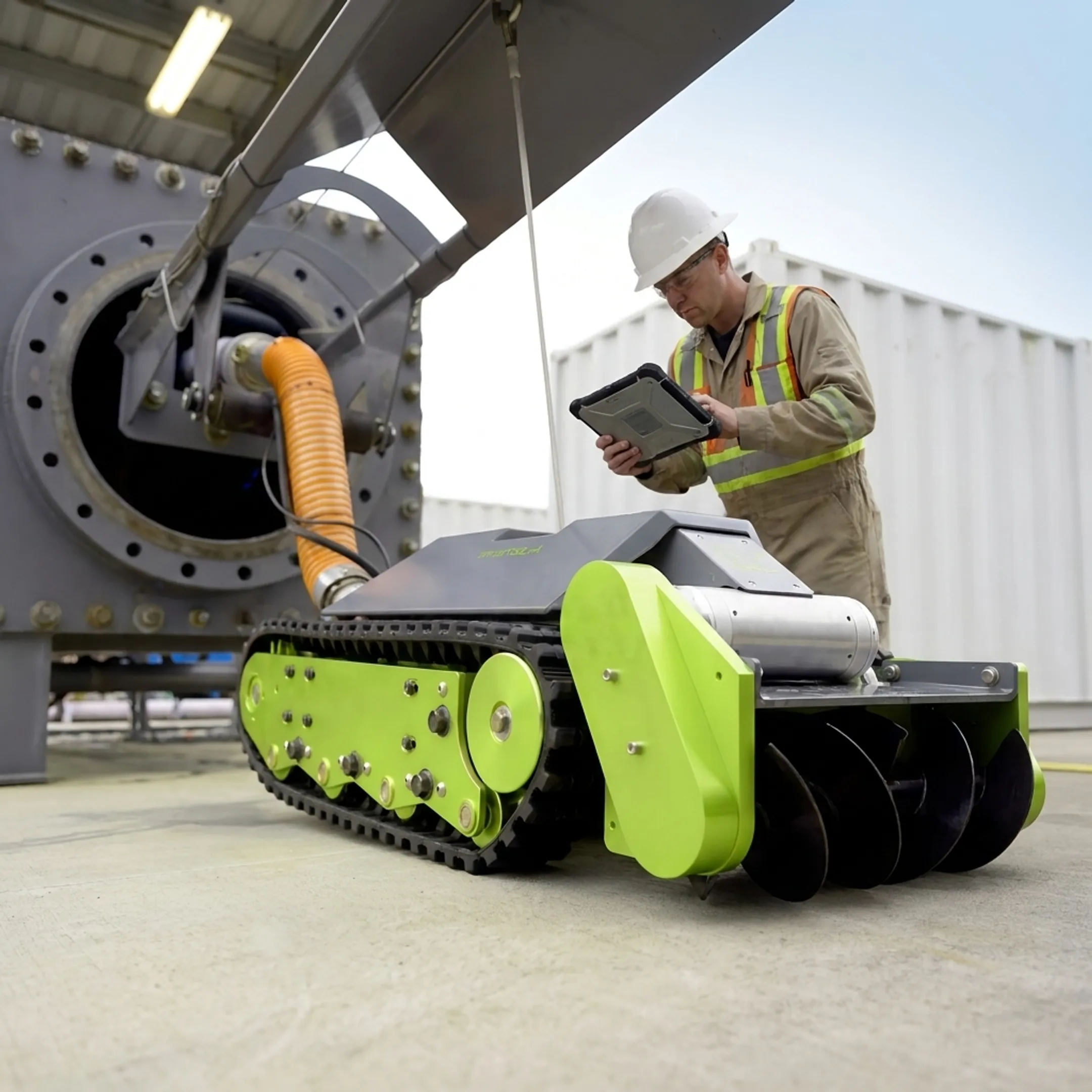 Technician monitoring robotic acid neutralization tank cleaning