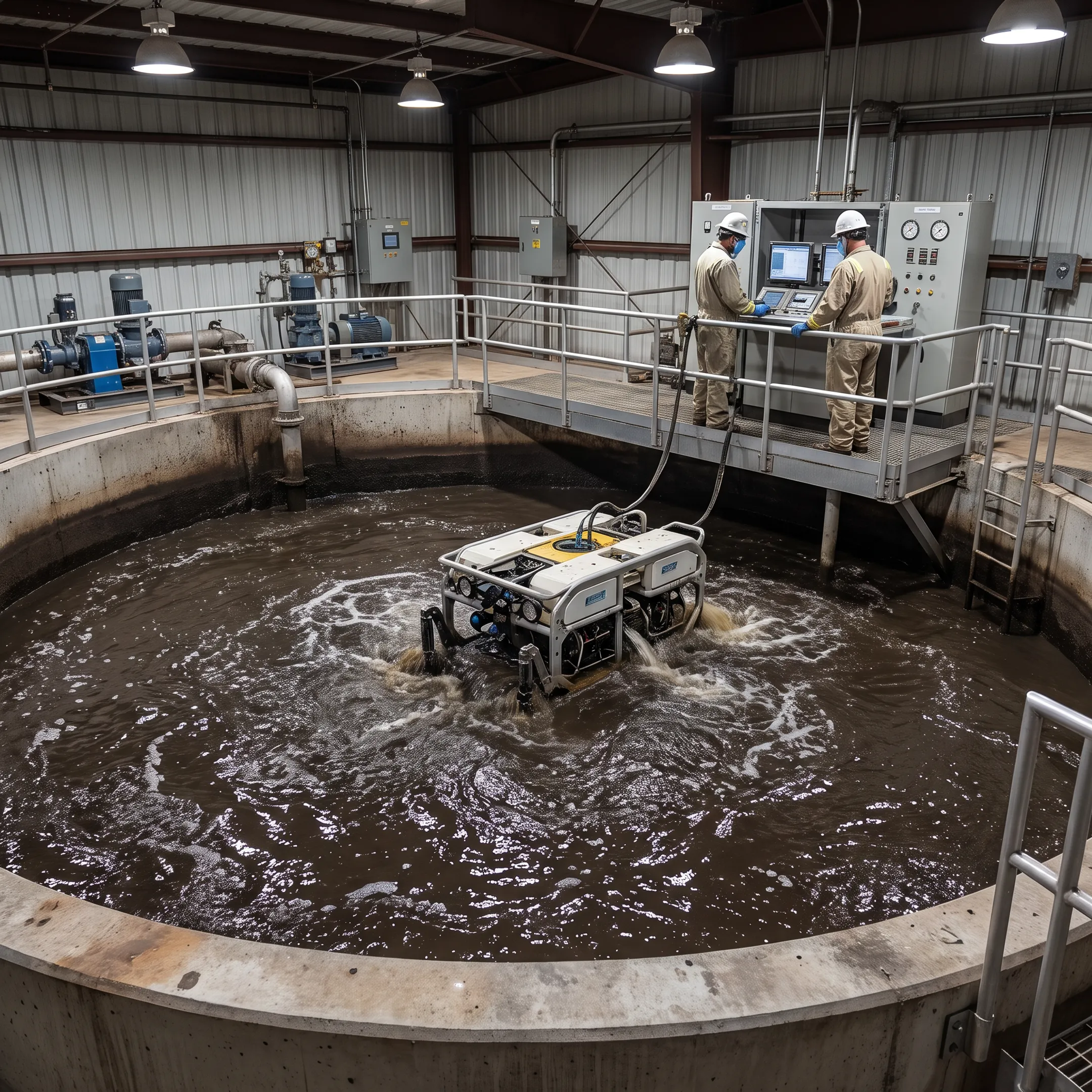Robotic equipment cleaning an anaerobic digester tank