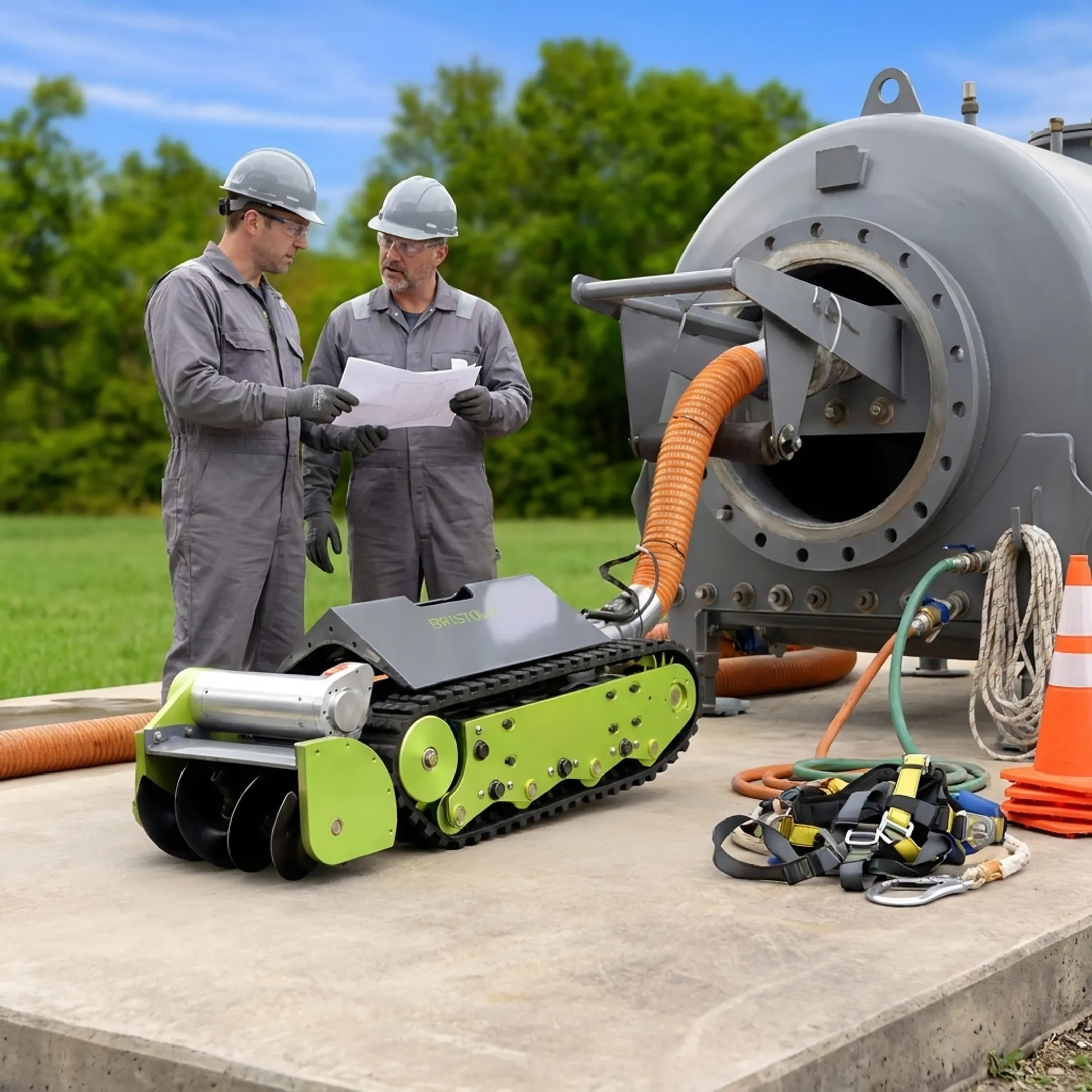 Technicians planning robotic digester cleaning