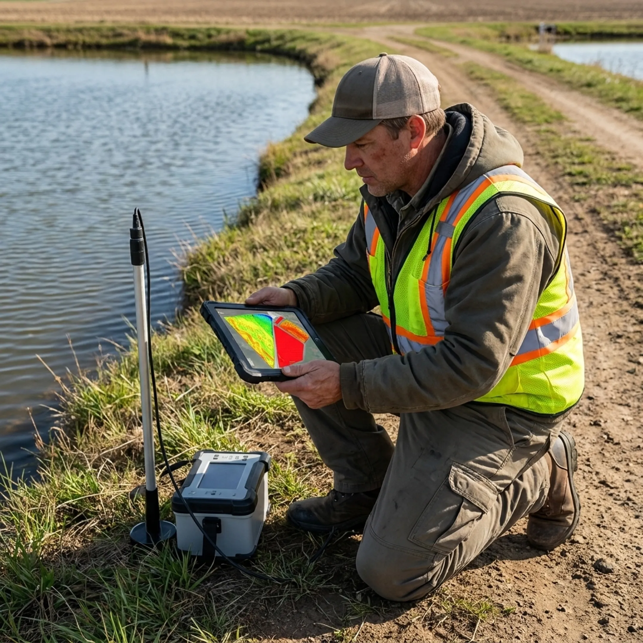 Technician reviewing pond sediment survey data