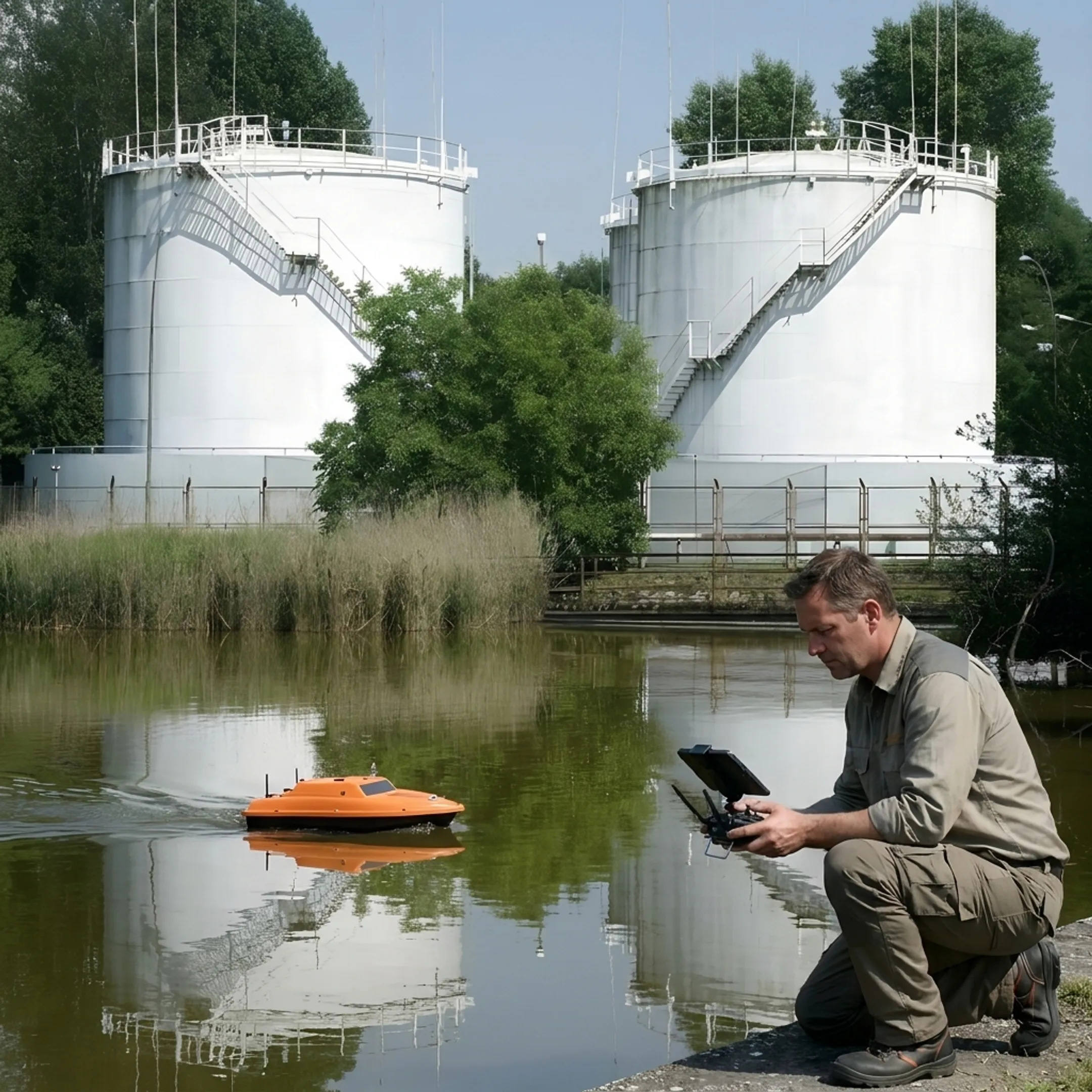 Sonar survey boat mapping sediment in a pond
