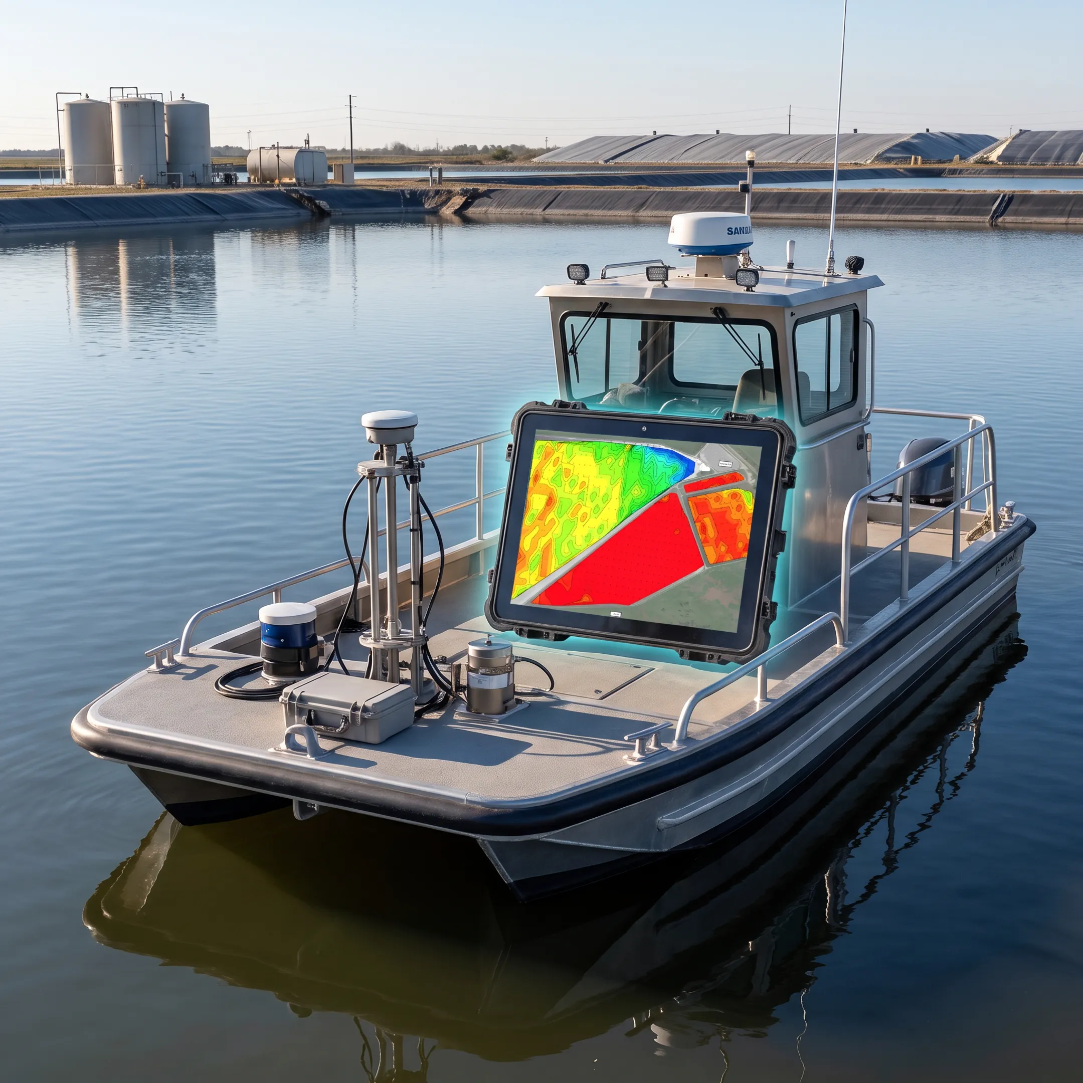 Sonar mapping equipment surveying an industrial lagoon