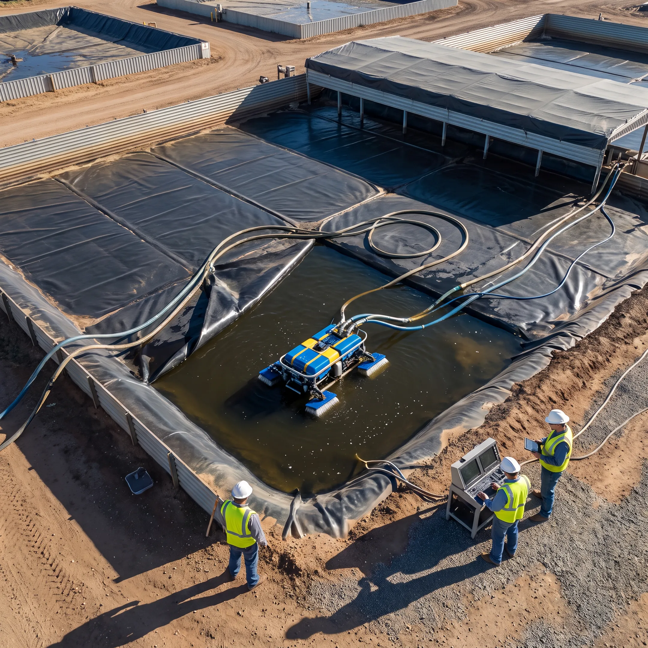 Robotic system cleaning an industrial lagoon