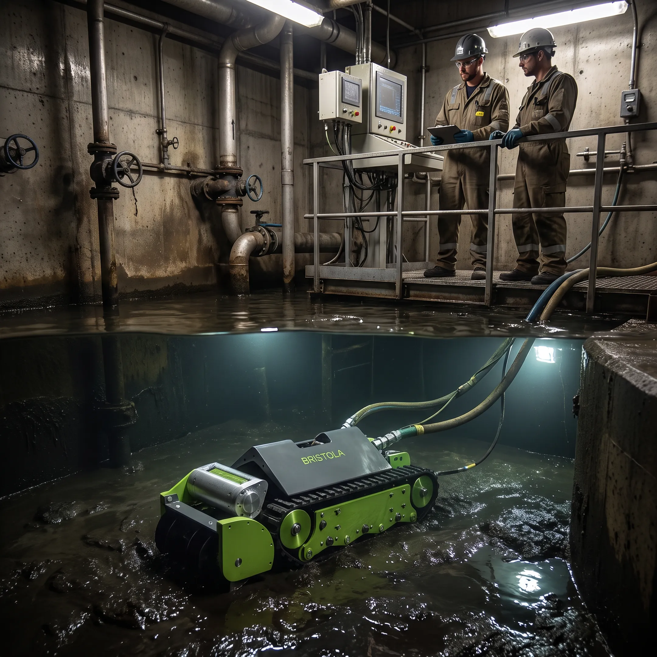 Robotic equipment cleaning an industrial sewage tank