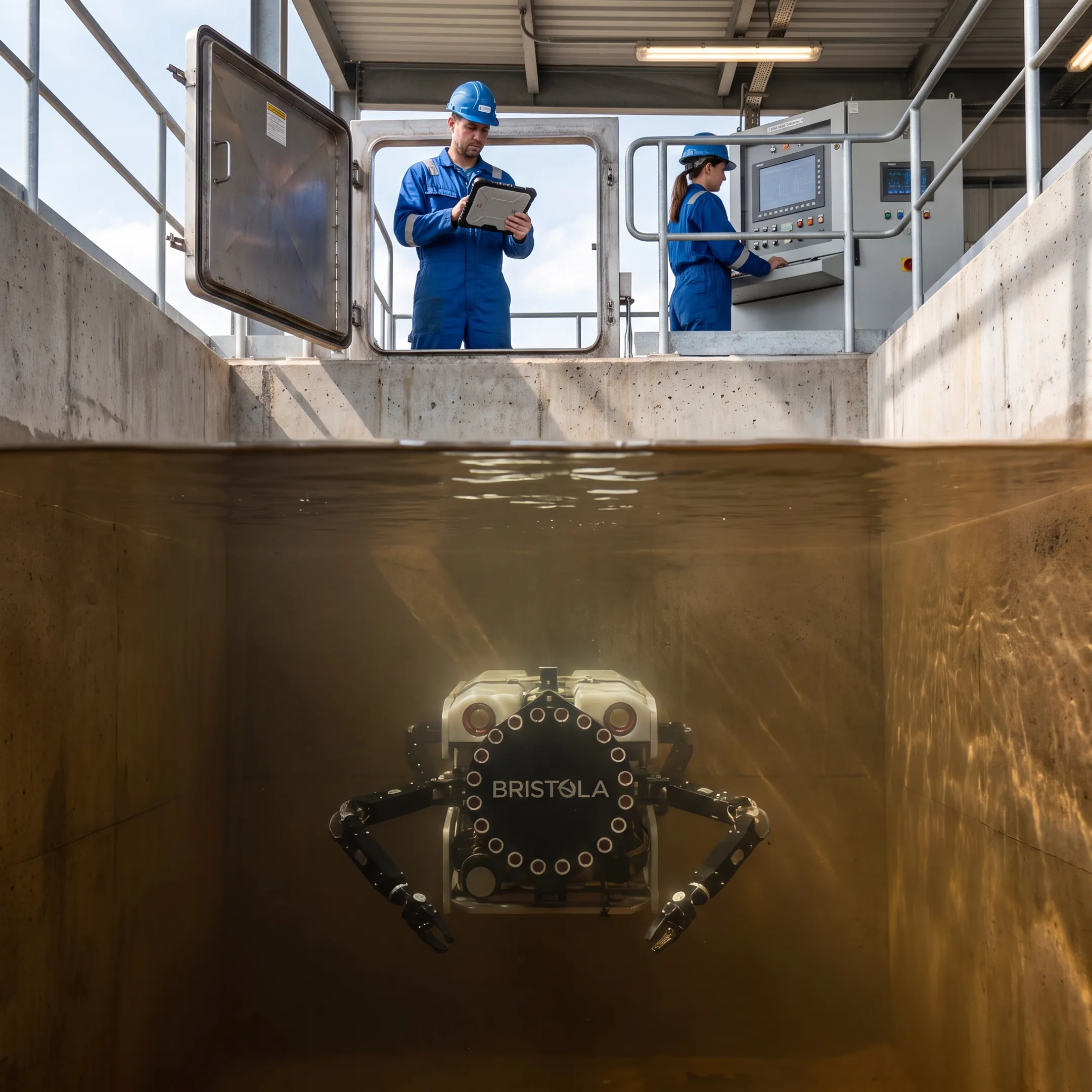Robotic system cleaning an industrial water tank