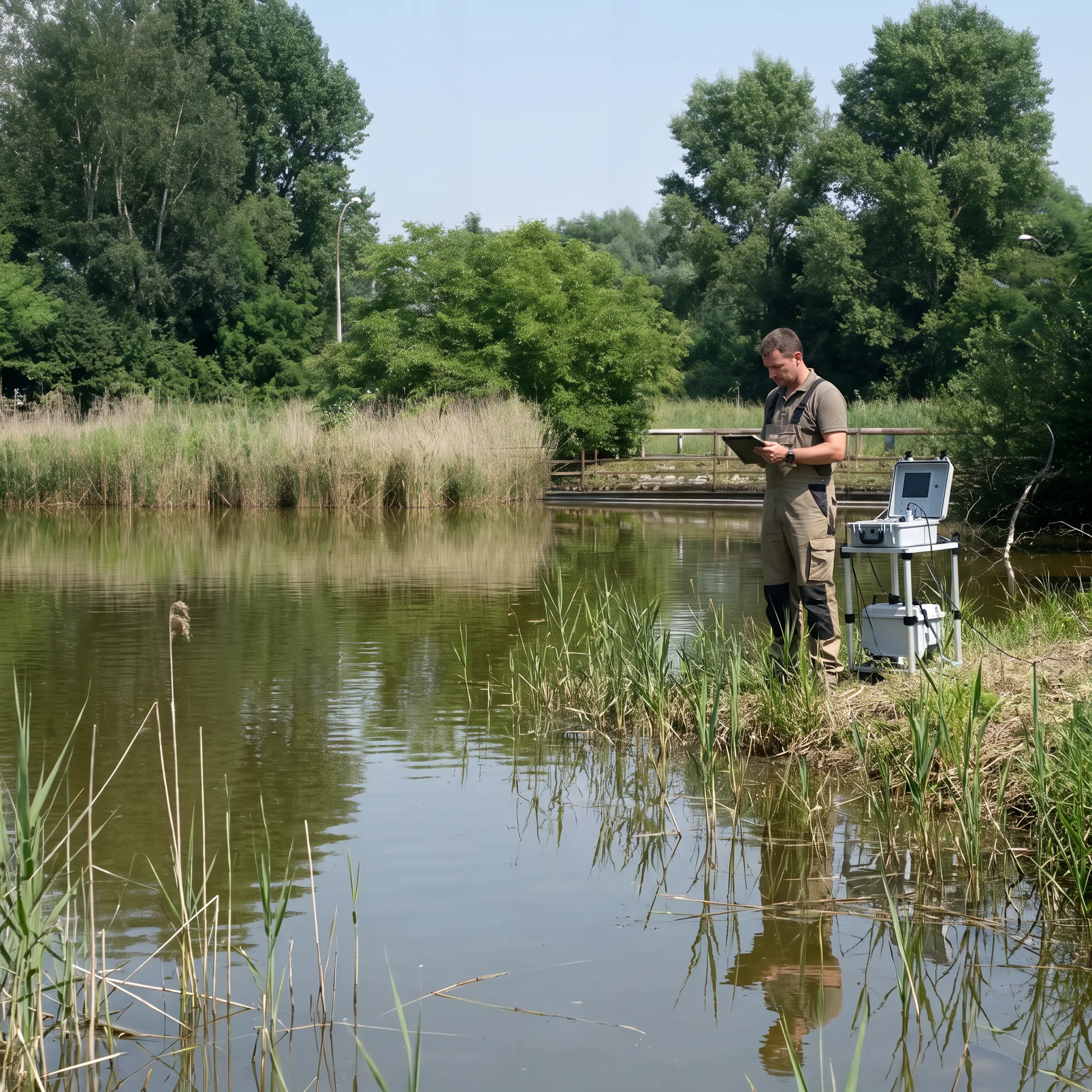 Technician reviewing retention pond conditions
