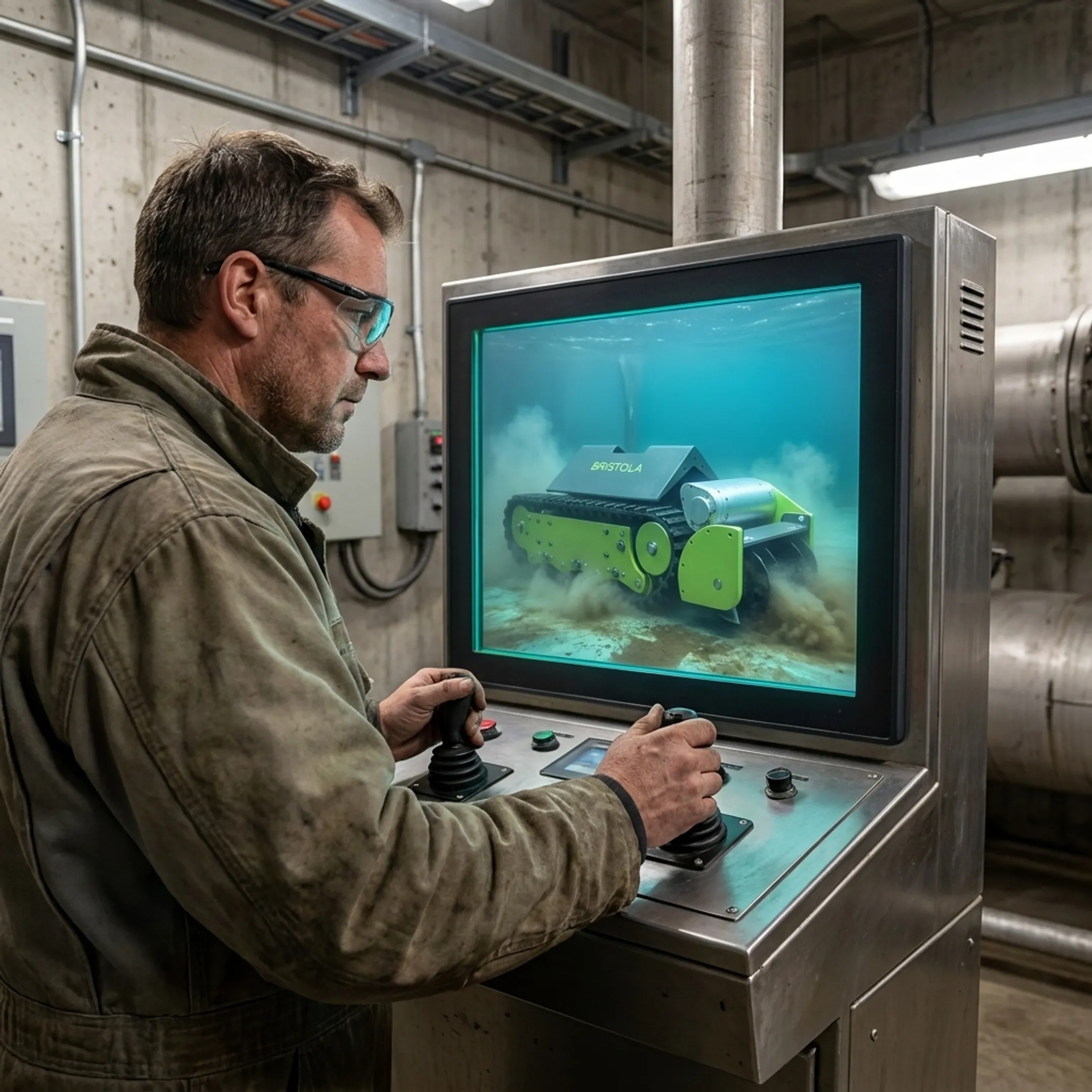 Operator monitoring a robotic tank cleaning system
