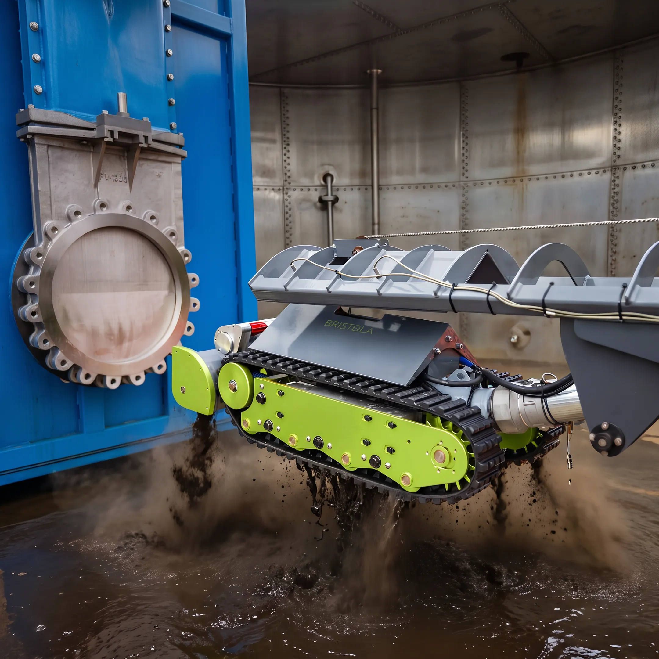 Robotic equipment cleaning an industrial oil storage tank