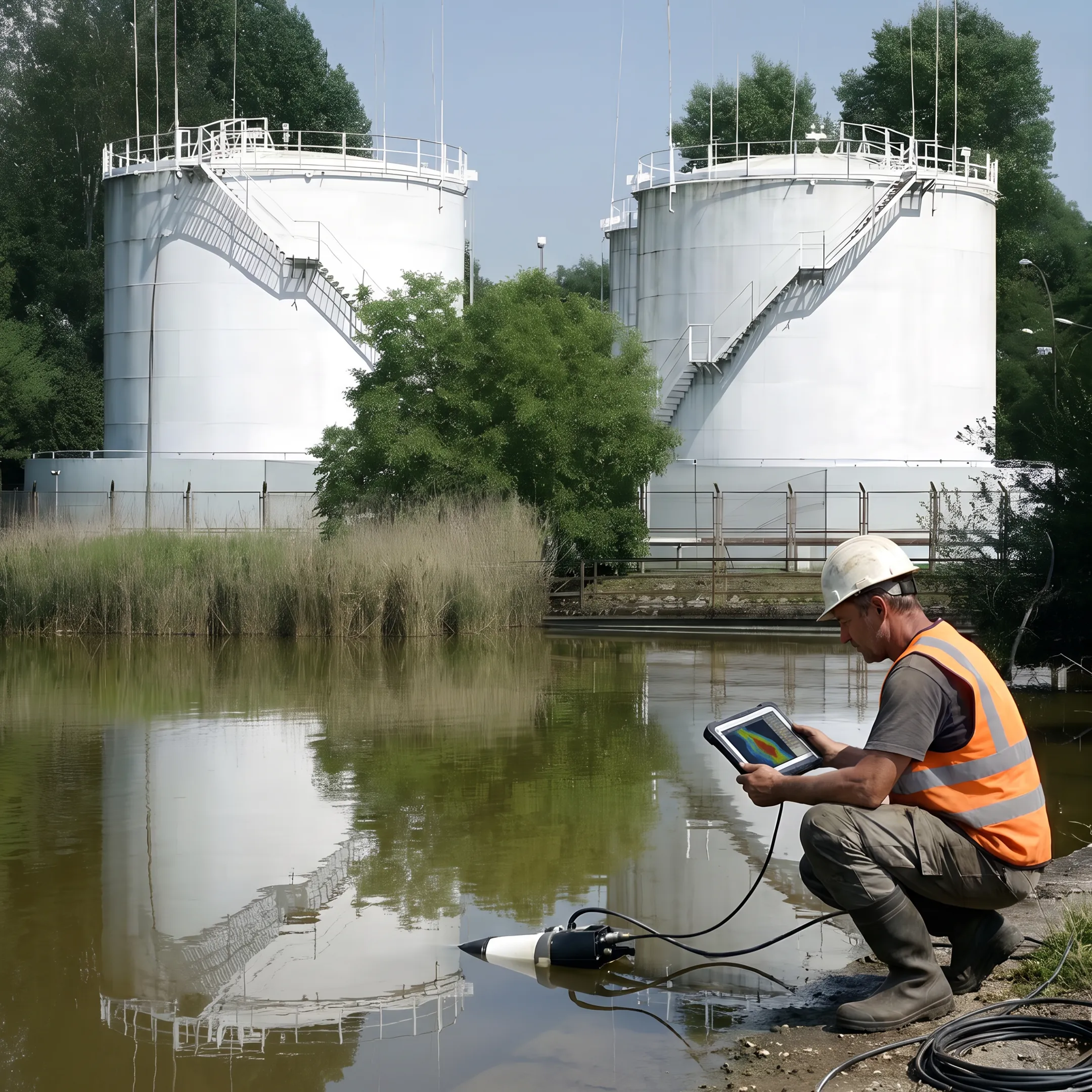 Technician monitoring sediment mapping on an industrial pond