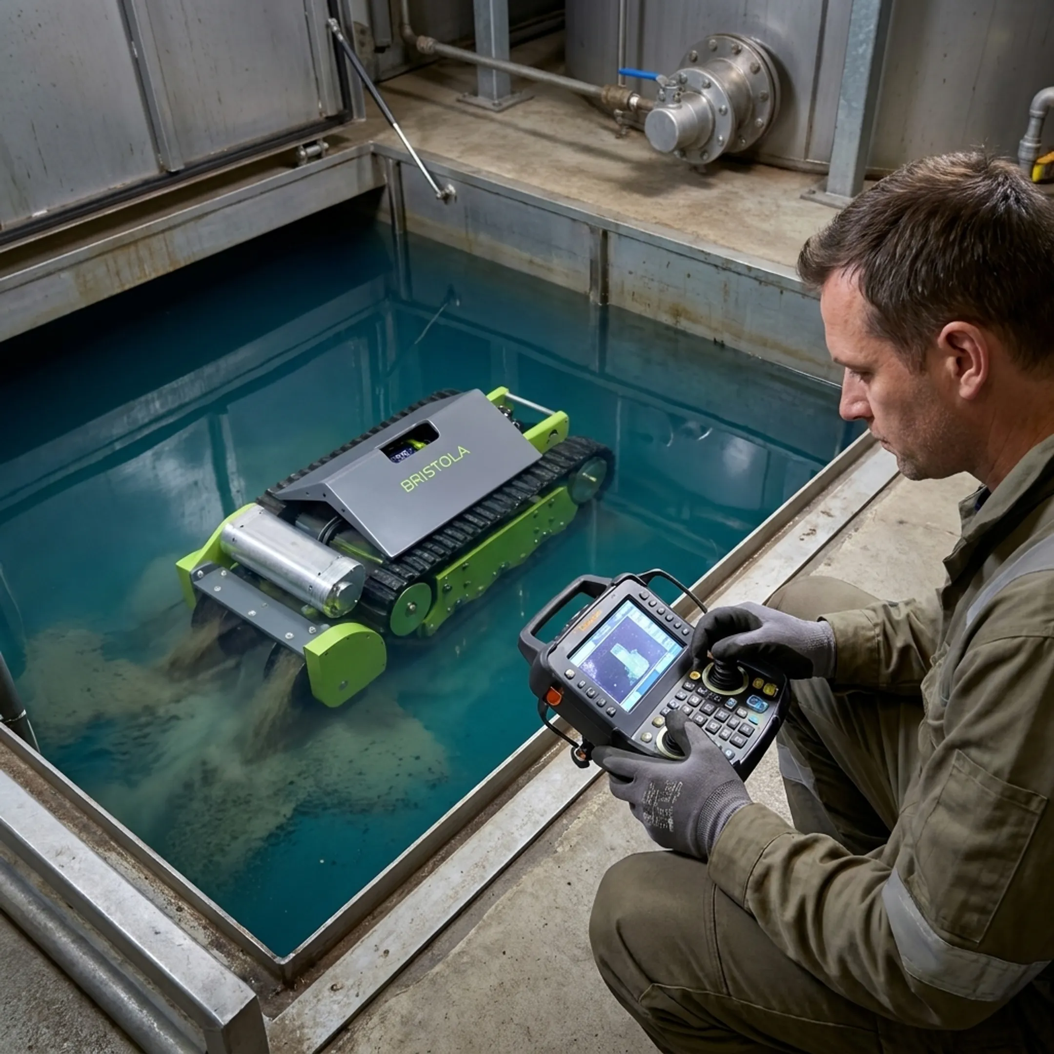 Technician monitoring robotic fuel tank cleaning