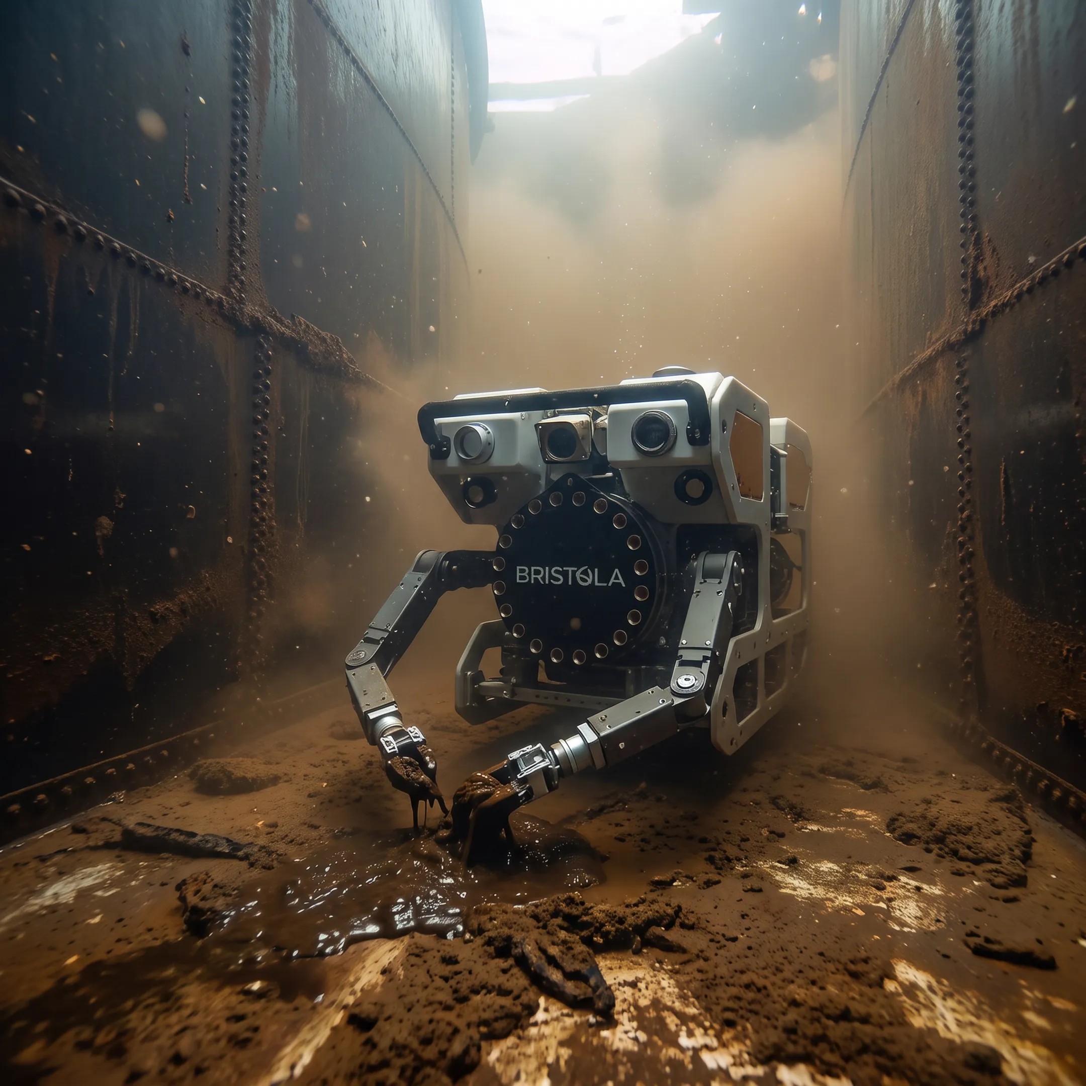 Robotic equipment cleaning an industrial fuel tank