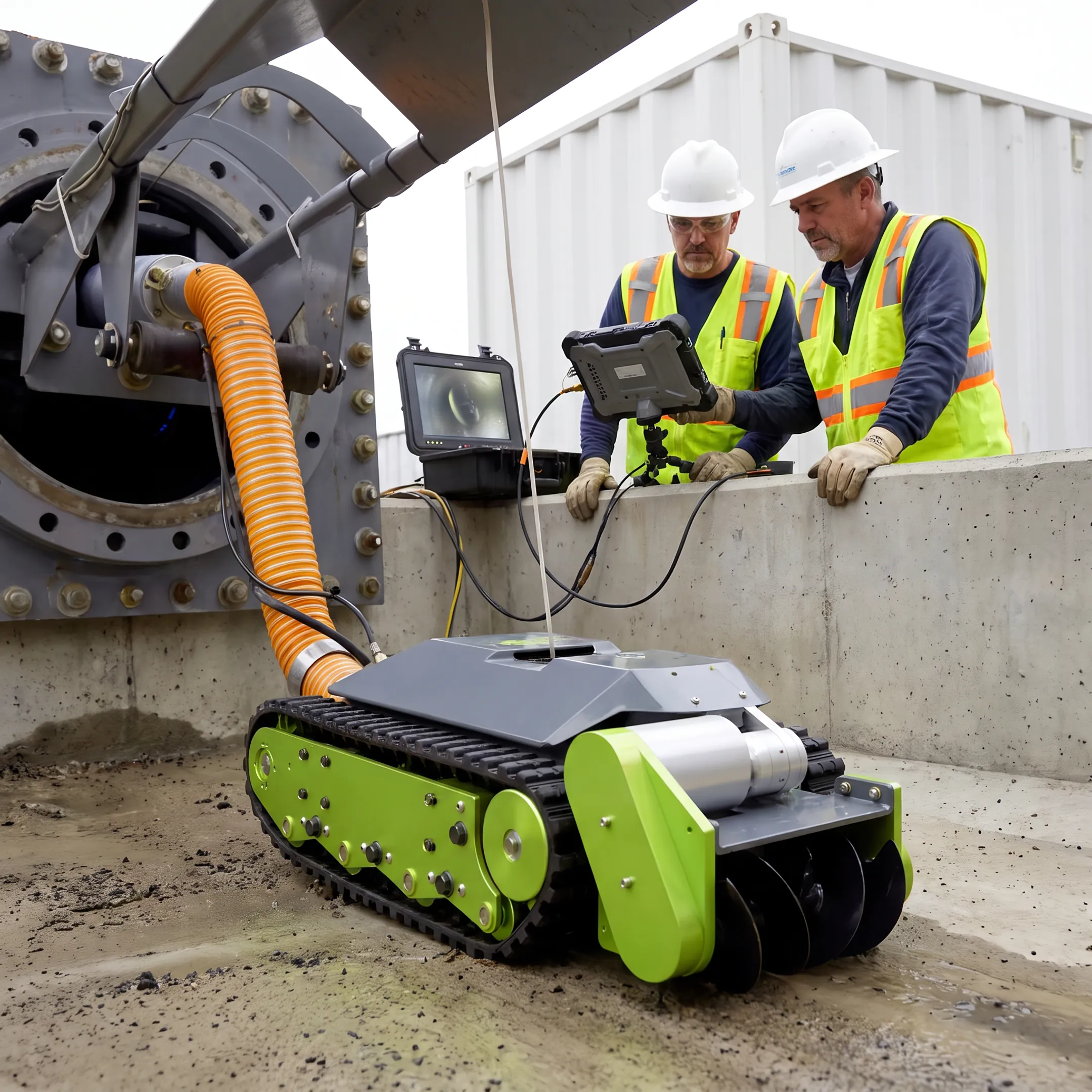 Technician monitoring robotic tank cleaning process