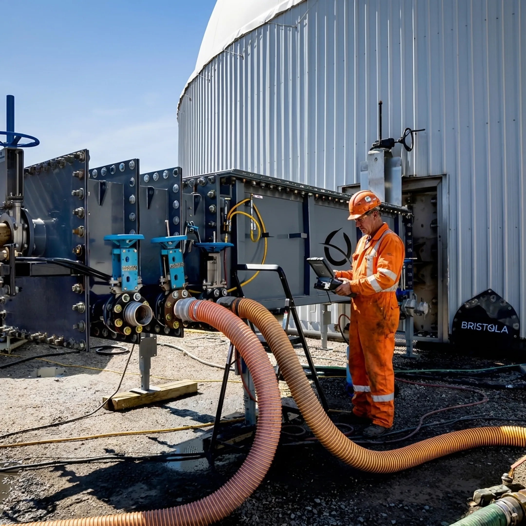 Technician monitoring robotic wastewater tank cleaning