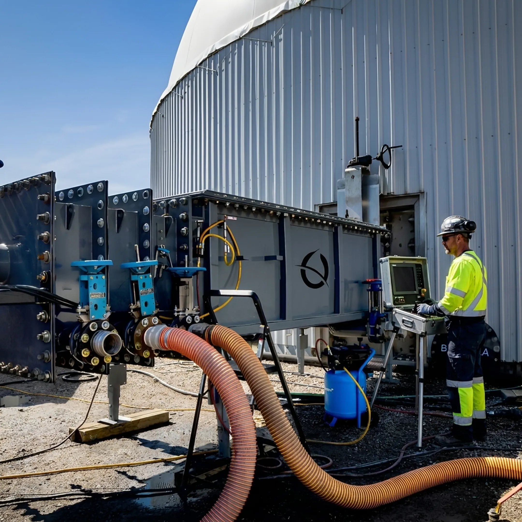 Technician monitoring robotic tank cleaning process