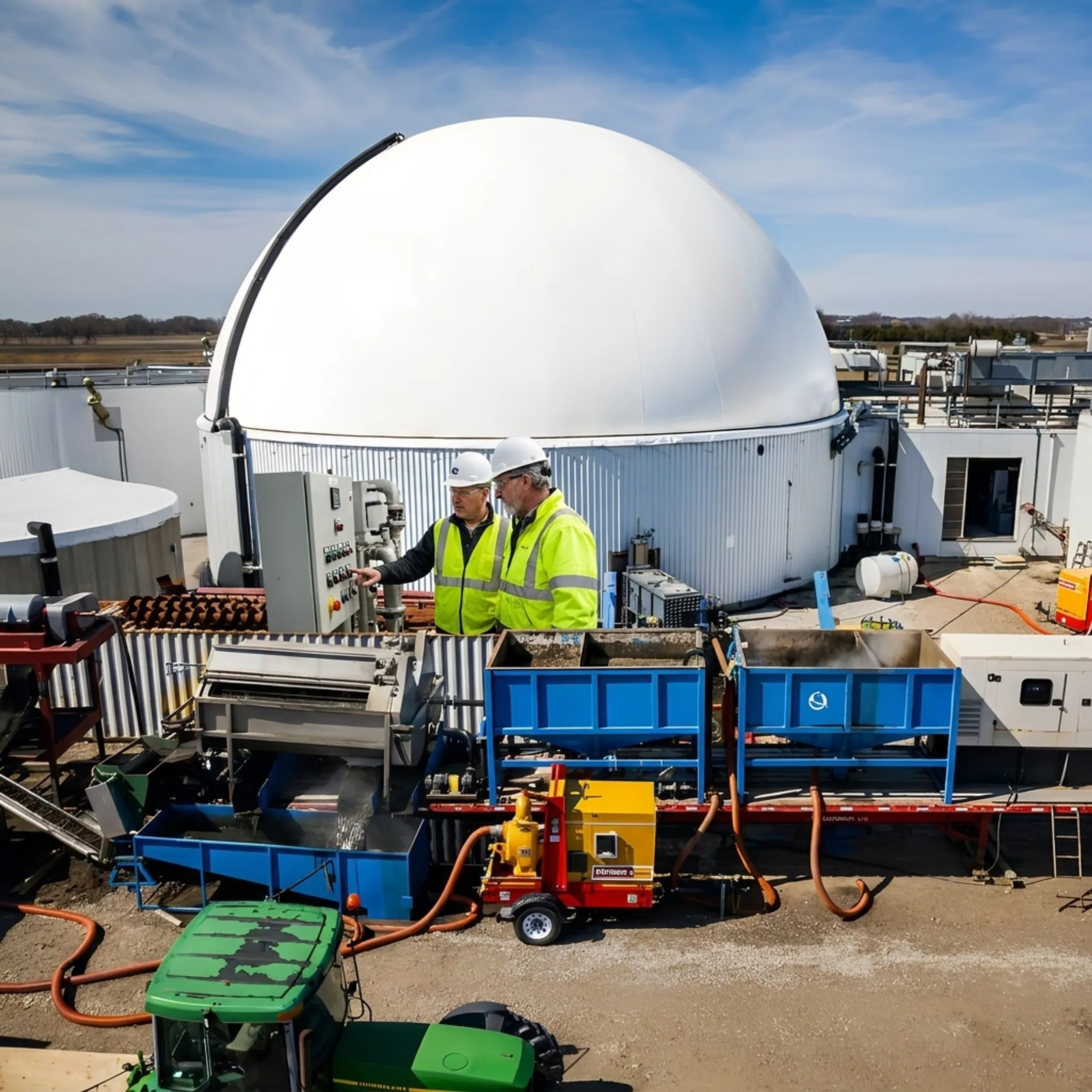 Technicians commissioning biogas plant equipment