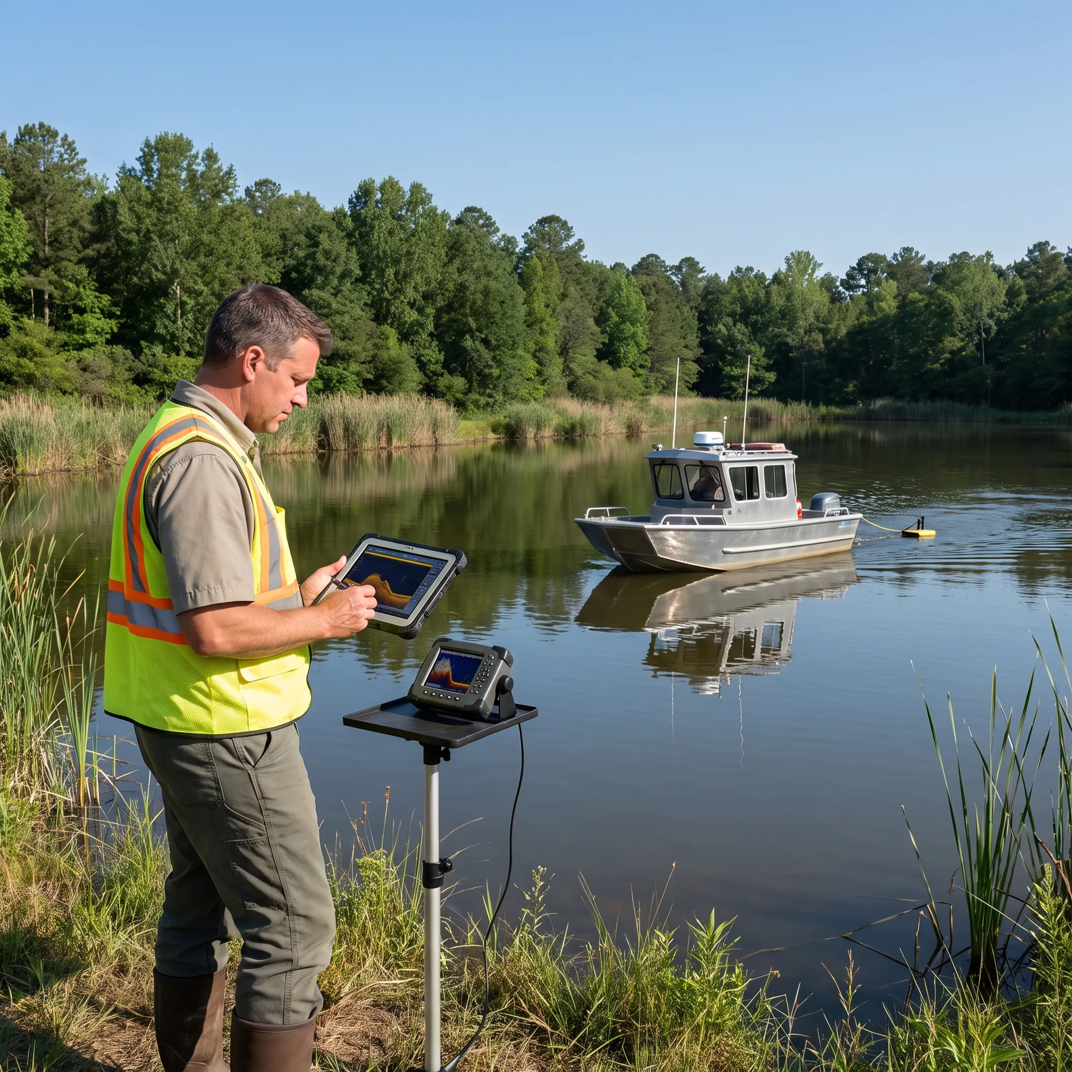Technician mapping sediment in a North Carolina pond