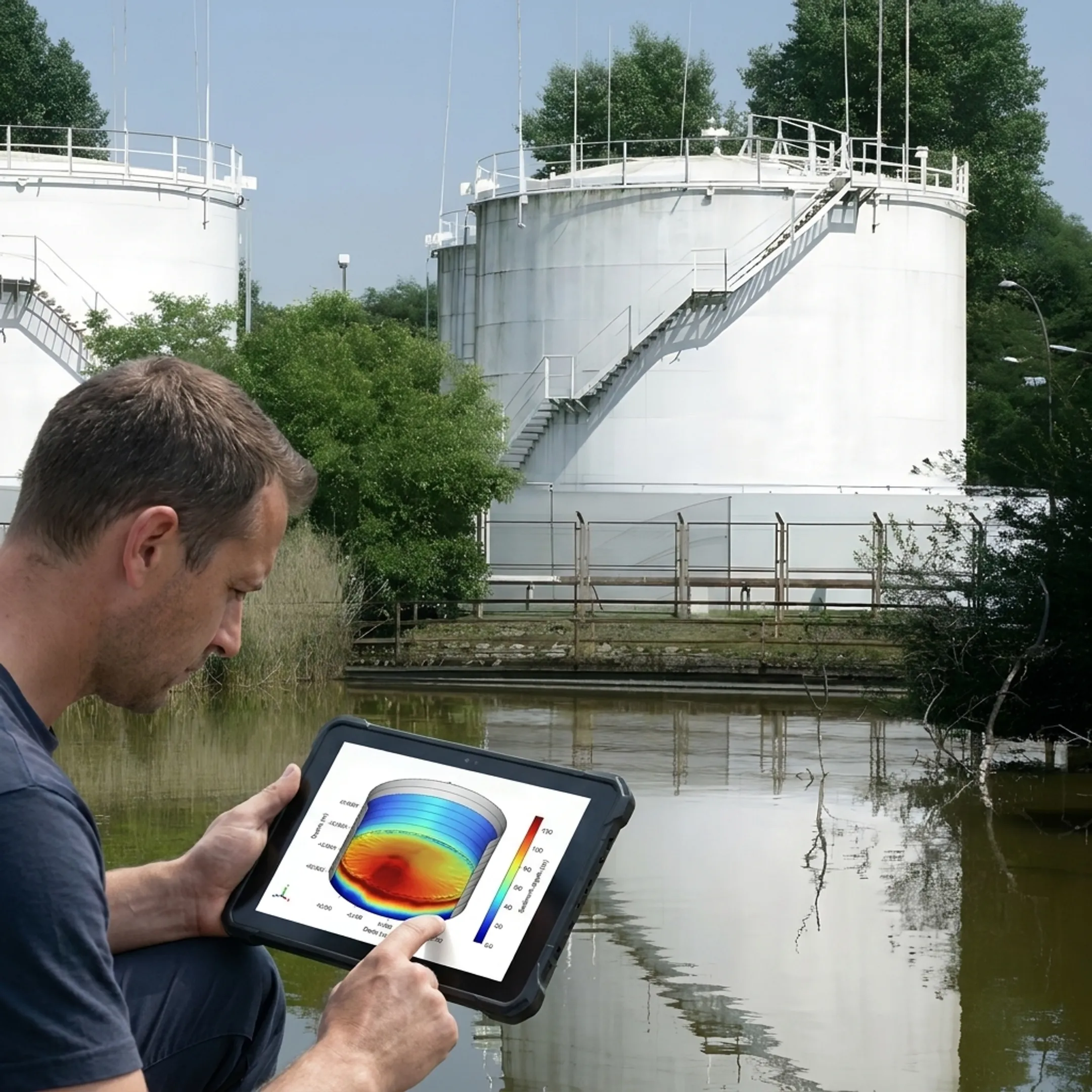 Digital sediment profile displayed beside an industrial oil tank
