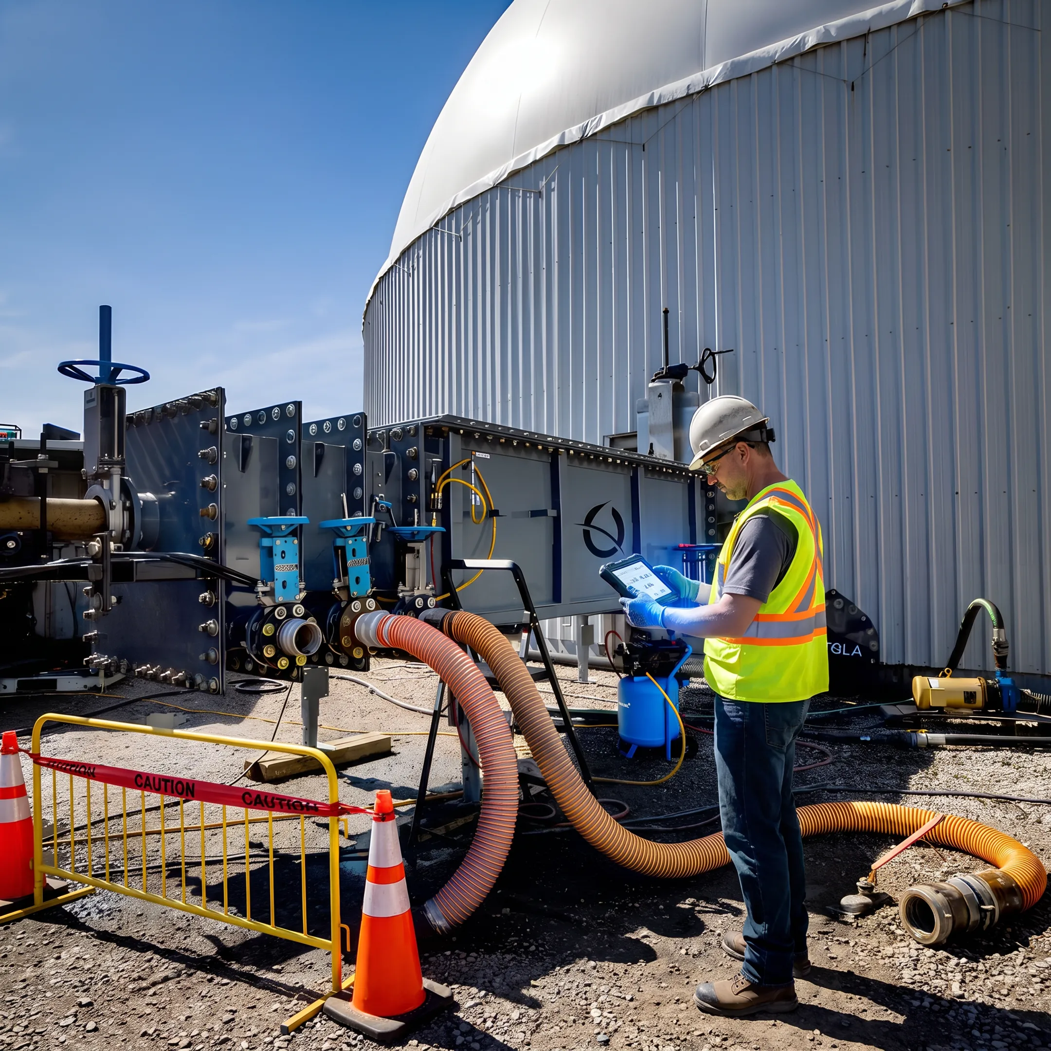 Technician reviewing digital sludge profile data for an oil storage tank