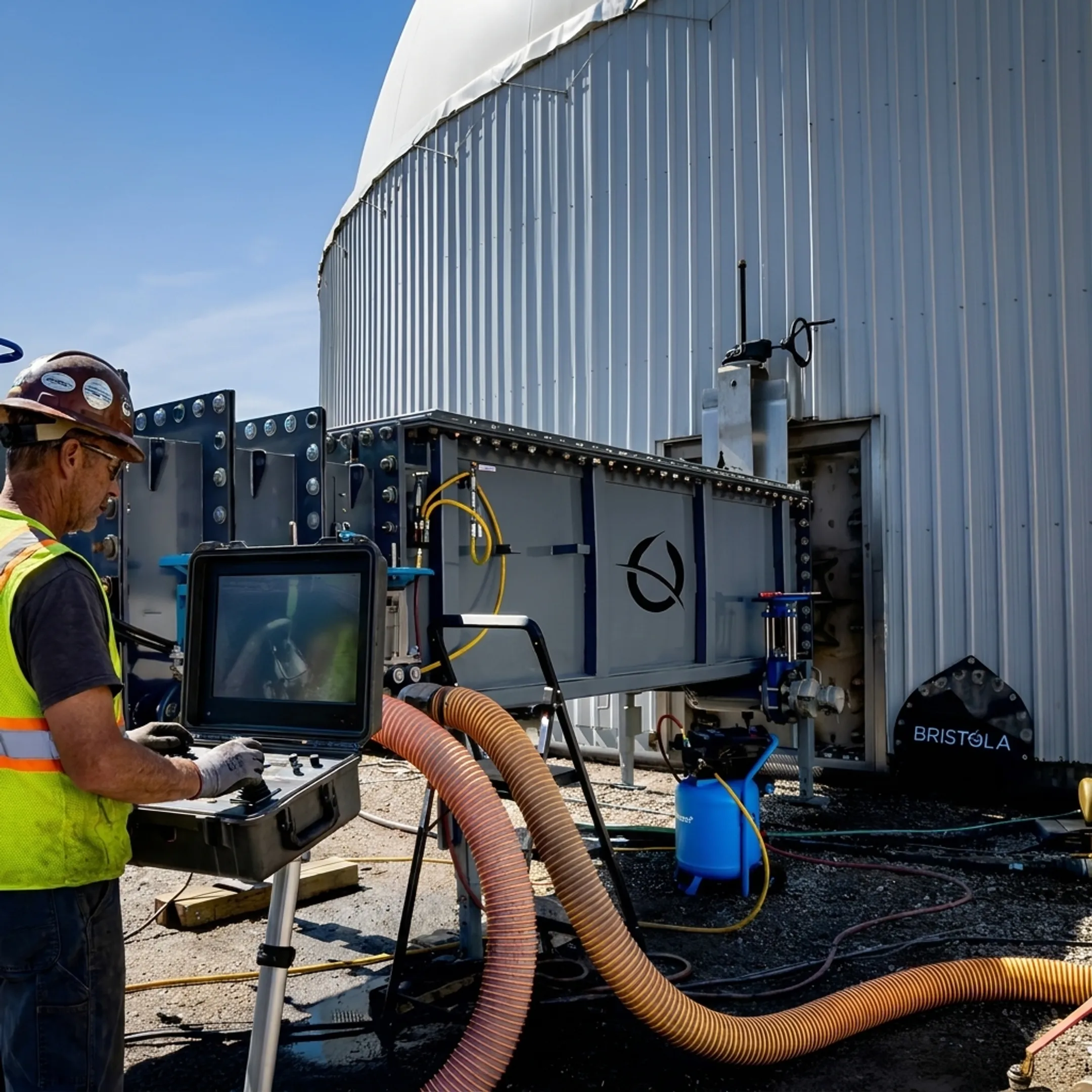 Technician operating a robotic tank cleaning system