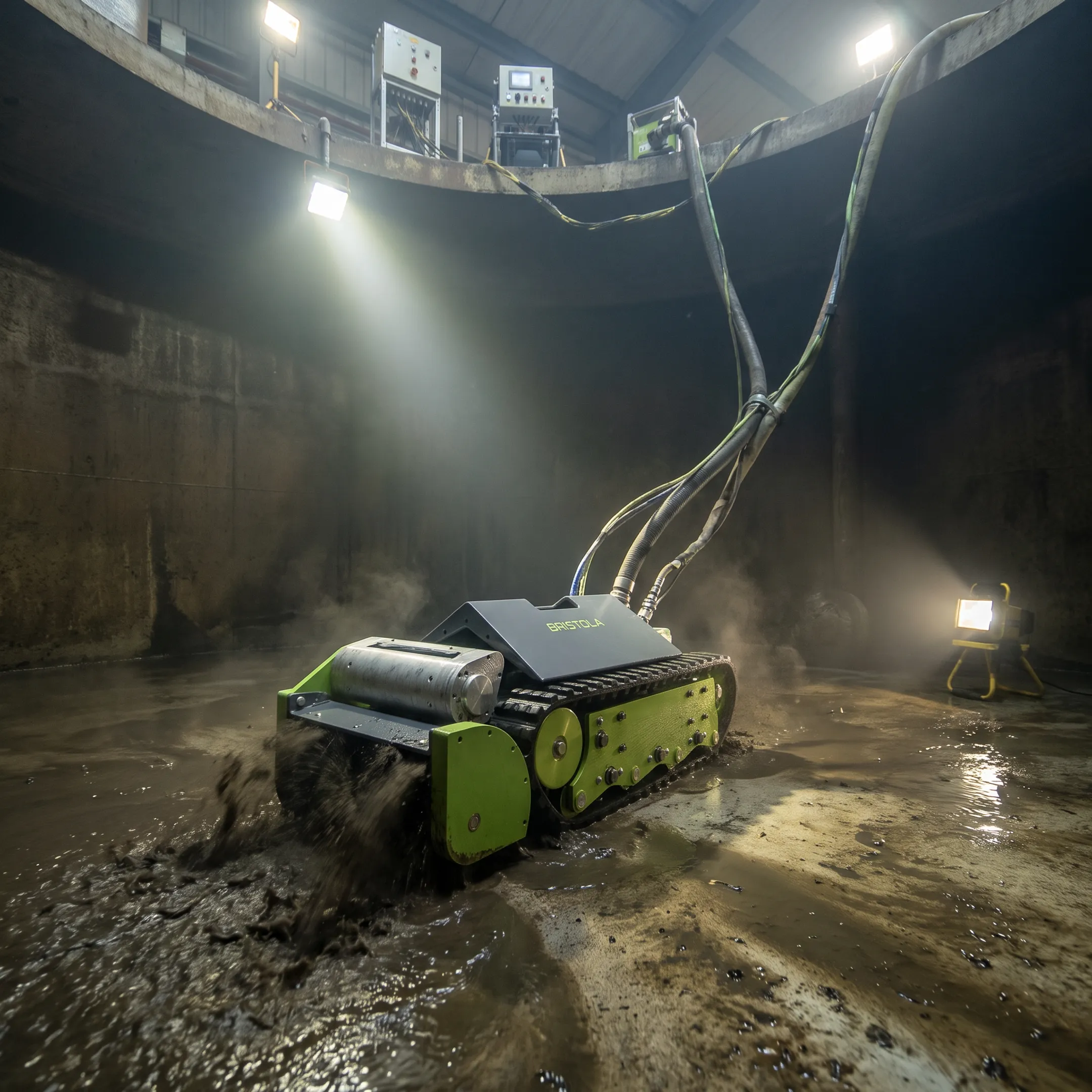 Submersible robot removing sludge from an industrial tank