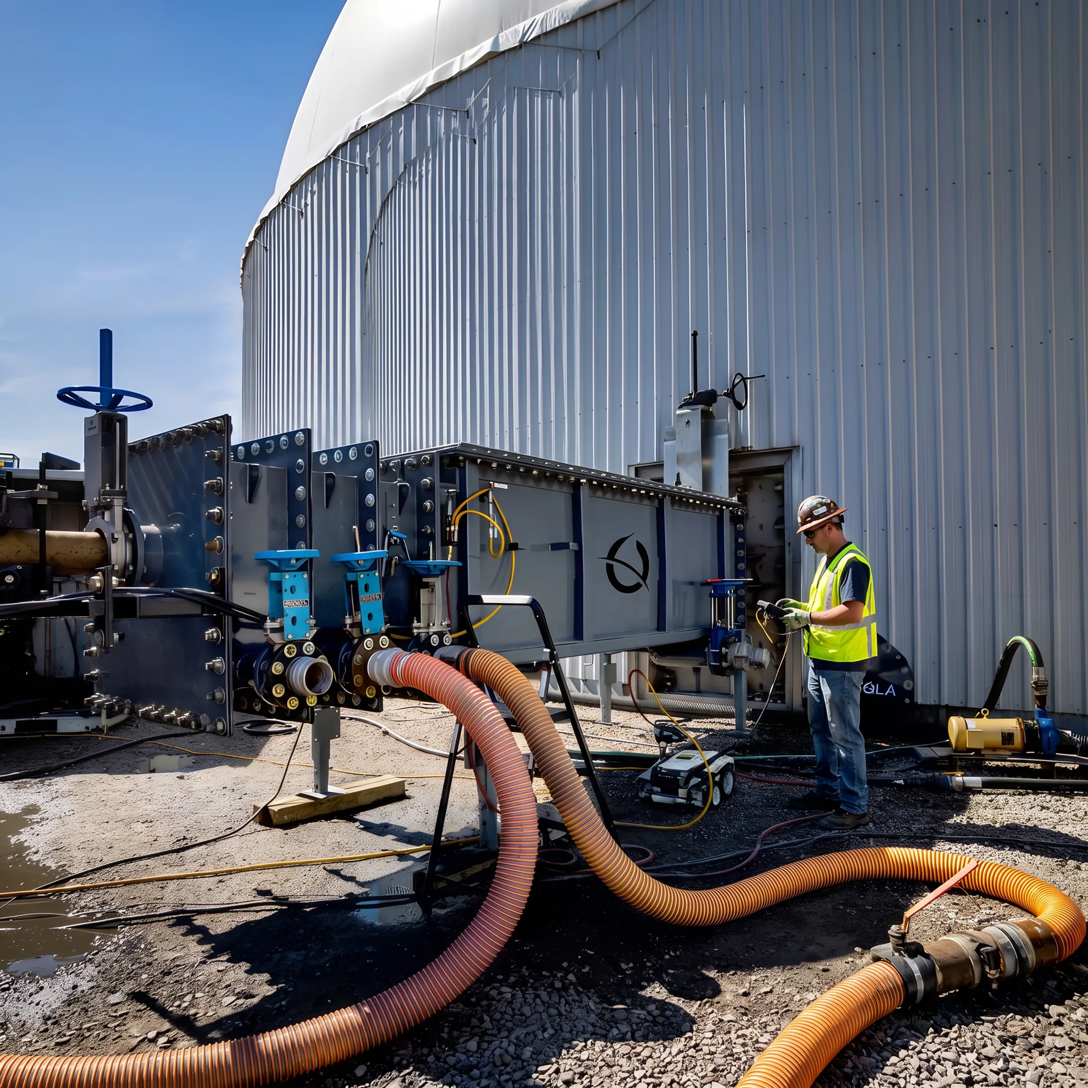 Technician monitoring robotic utility tank cleaning equipment